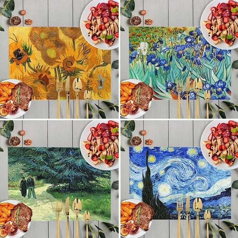 

Oil Painting By Van Gogh Placemat Table Mats Sunflower Starry Night Coffee Cup Coaster Linen Kitchen Placemats Home Decoration