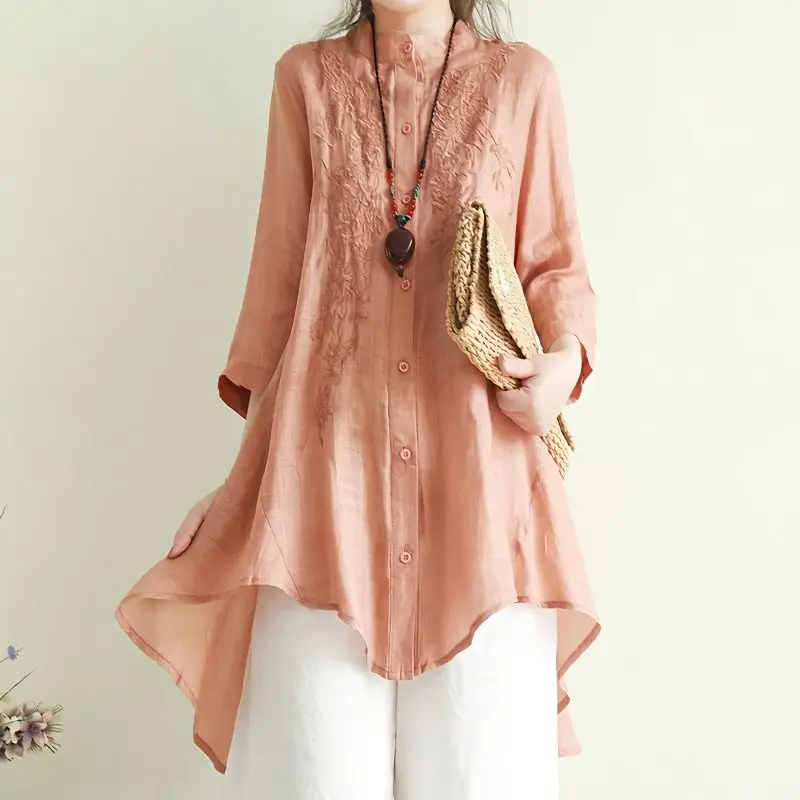 Chemise mi-longue brodée en coton et lin pour femme, chemise artistique rétro, protection solaire, printemps et automne