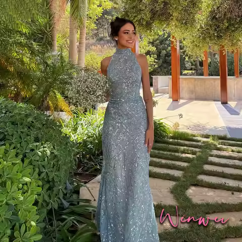 E.C.S. Exquisite Prom Dress Elegant Party Dress Mermaid Evening Gowns Customize Halter Sparking Sequins Dress for Special