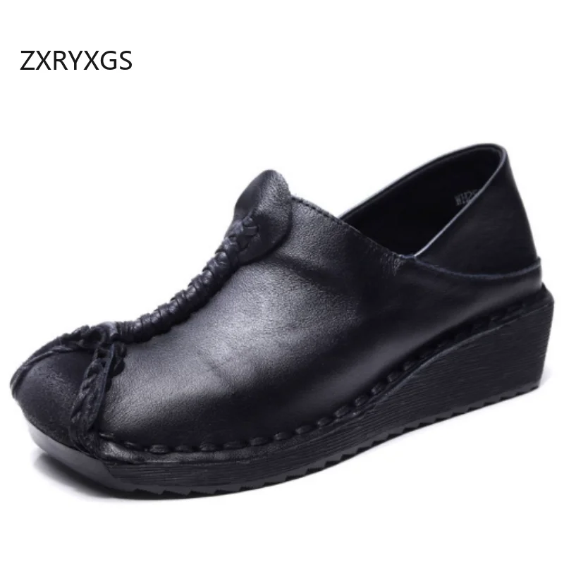 

ZXRYXGS Top Layer Cowhide Hand Sewn Retro Shoes Wedges Comfort Mid Heels 2026 New Real Leather Fashion Shoes Women Trendy Shoes