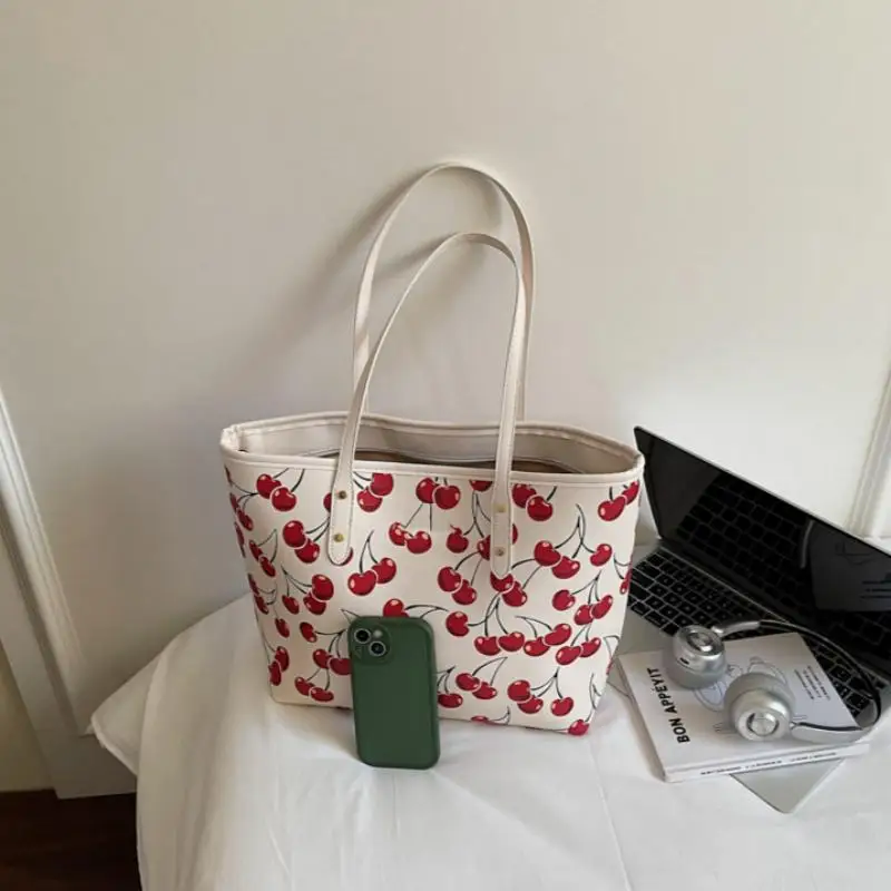Fashion Cherry Print Large Capacity Tote Bag Versatile Everyday Carryall, Ideal for Commute, Shopping, and Leisure