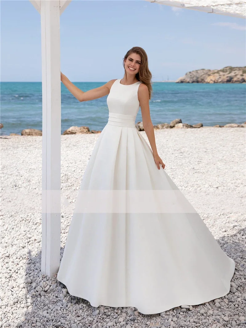 

Spring New Simple White A-Line Sleeveless Stain Wedding Dress For Women Button Back Bridal Gowns Custom Made Robe De Mariée