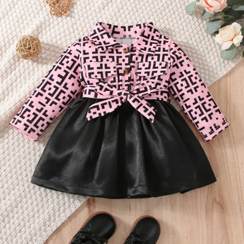 Qunq Autumn Winter New Girls Turn-down Collar Splice Long Sleeve Print Casual Lovely Princess Dress Kids Clouthes Age 0-3T