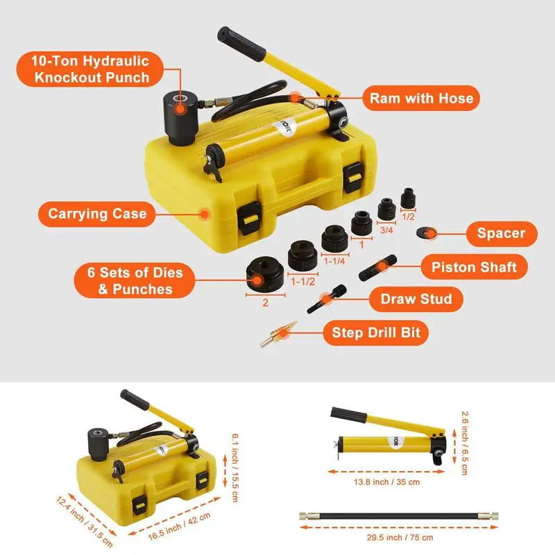 Hydraulic Hole Puncher Driver 1/2" to 2" For Electrical Installation, Plumbing, Metal Fabrication, 10 Ton Force 6 Die Sets Carbon Steel Manual Pump Operation Construction Site Tool view 2
