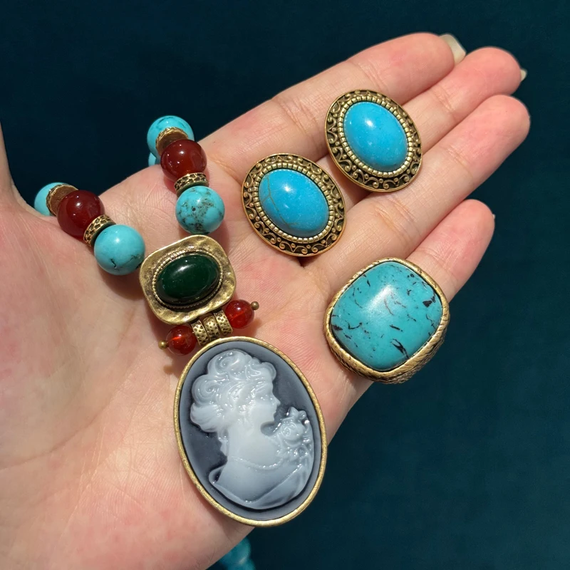 Vintage Blue Stone Turquoise Jewelry Set Necklace Earrings Bracelet Rings French Cameo Beauty Head Pendant Luxury Gifts New