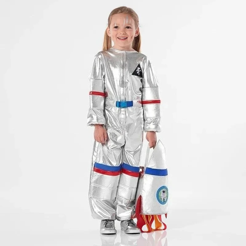 Divertido disfraz de piloto para niños y niñas, bonito traje espacial plateado, bolsa de cohete, disfraz, ropa de actuación de juego de rol
