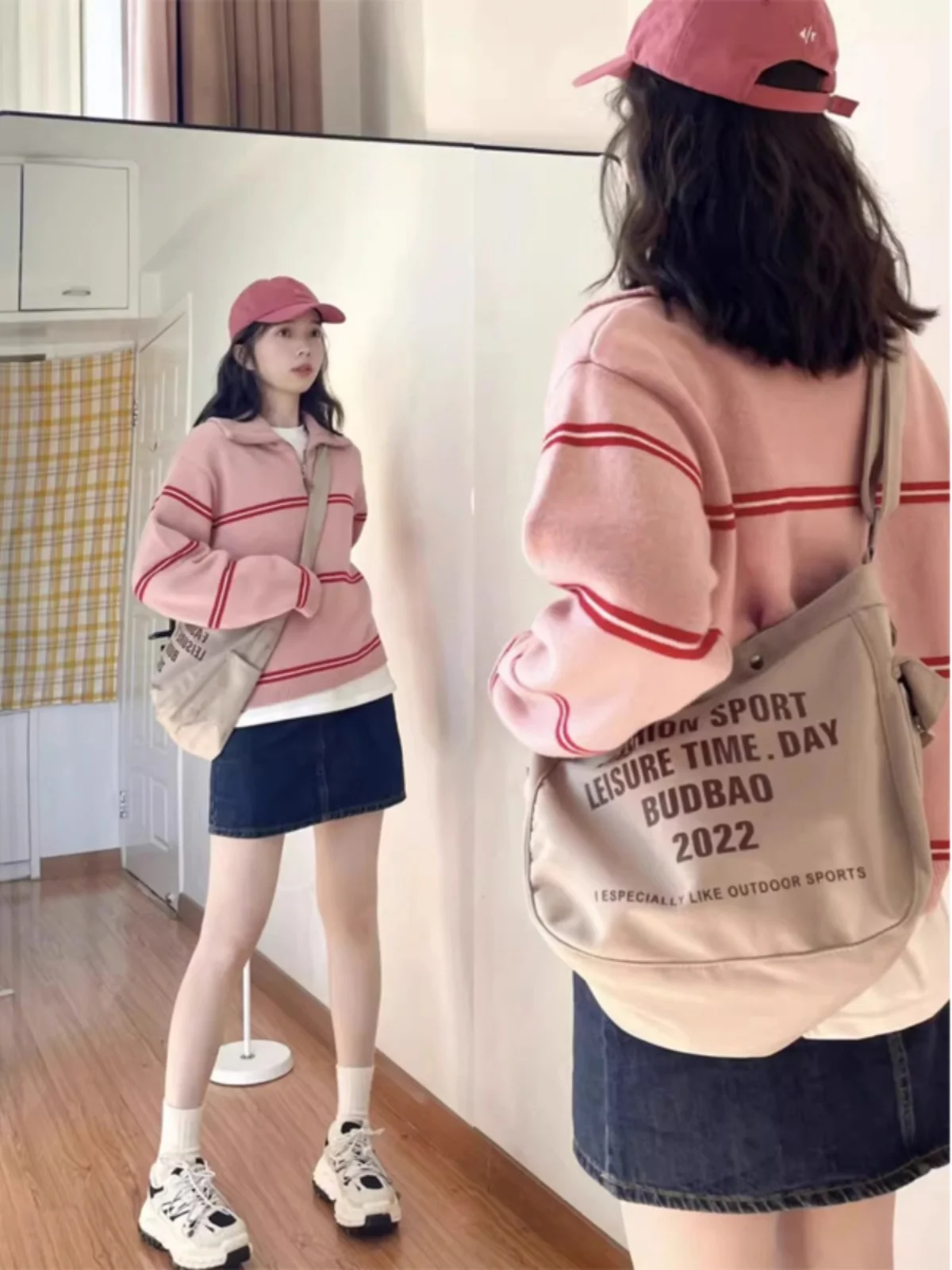 

Retro Korean Sle Ne Striped Pink Sweater Women's Autumn Winter Small Size Overhead Turn Collar Knitted Top
