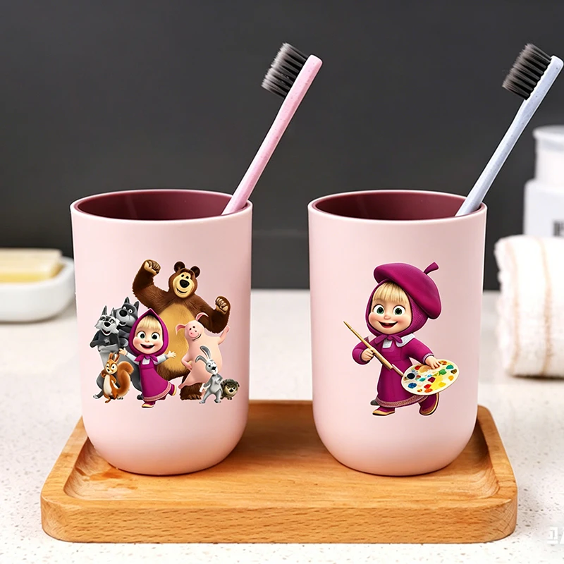 Mashas and The Bears Mouthwash Cup Girls Bathroom Tumblers Plastic Toothbrush Holder Cartoon Print Kids Toothbrush Children Gift