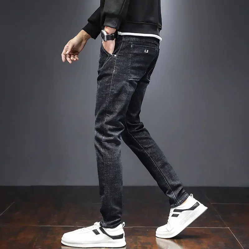 Spring Summer Men's Slim Fashionable Mid Waist Jeans Trend All-match Casual Elastic Solid Color Pencil Trousers Male Clothes