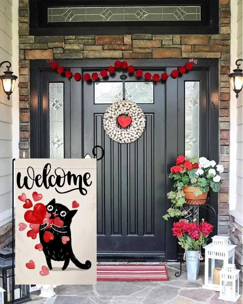 BLKWHT Valentines Cat Garden Flag 12x18 Vertical Double Sided Welcome Red Love Heart Spring Farmhouse Holiday Outside Decora yyi