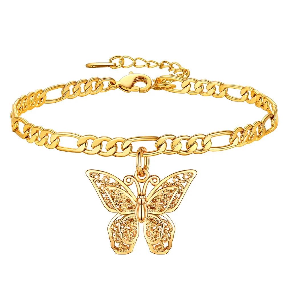 U7 Hollow Out Butterfly Charm Anklet for Women 4mm Figaro Chain 8.5inches with 5cm Adjustable Length Beach Jewelry