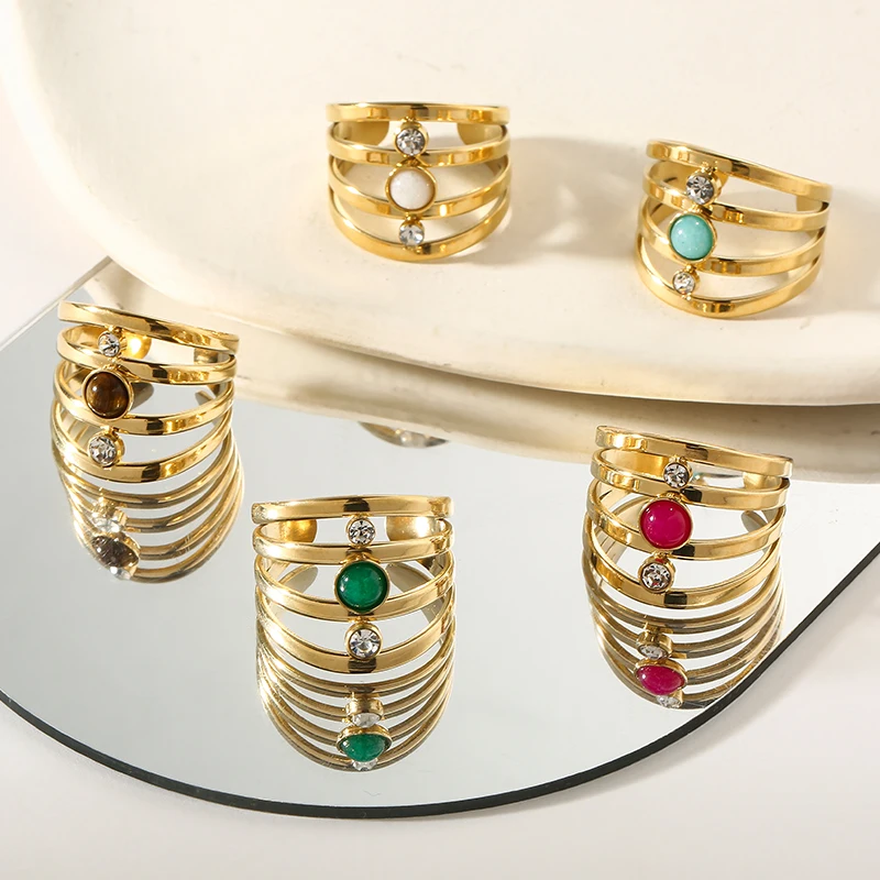 

Boho Geometric Rings Stainless Steel Multi Layer Ring For Women Fashion Natural Stone Adjustable Open Ring Party Jewelry Gifts