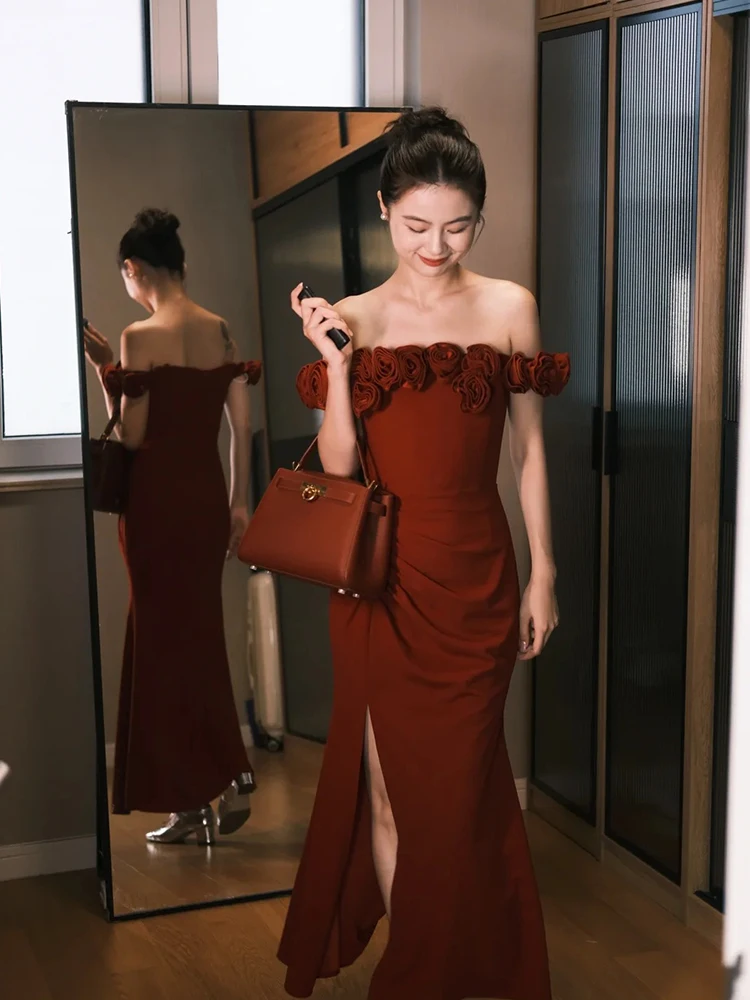

Red Evening Gown Wedding Dr Bridesmaid Formal Par Women's Sle High Waist A-Line Skirt Zipper Bal Korean Version