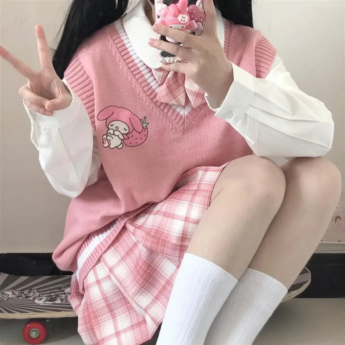

Japanese cute Sanrio Kuromi women sweater college style uniform knit sweater vest loose My Melody girl sweet sleeveless sweater