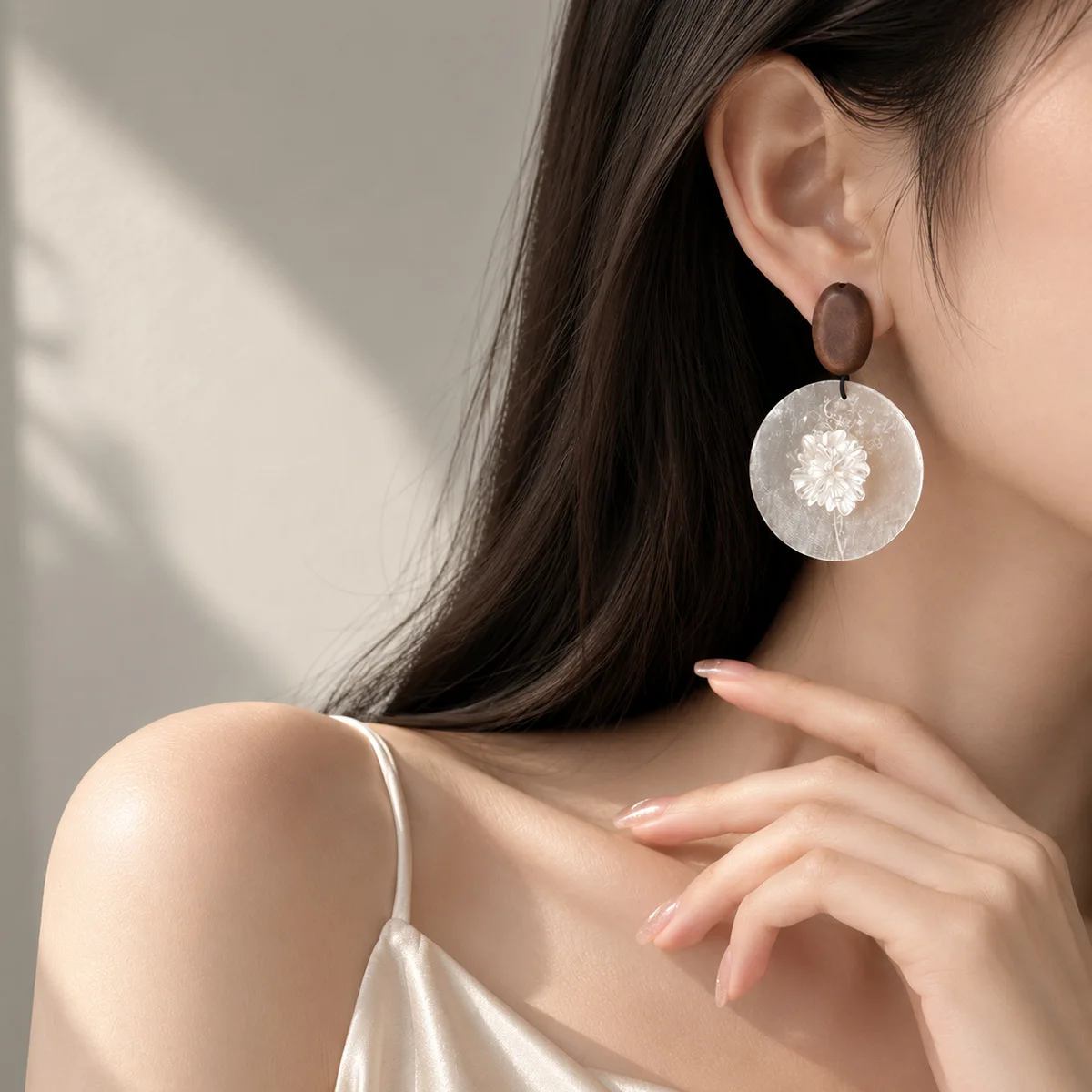 Wooden Shell-Patterned Earrings: Long Studs with Oval, Translucent White Wooden Discs—Artistic and Chic Earrings