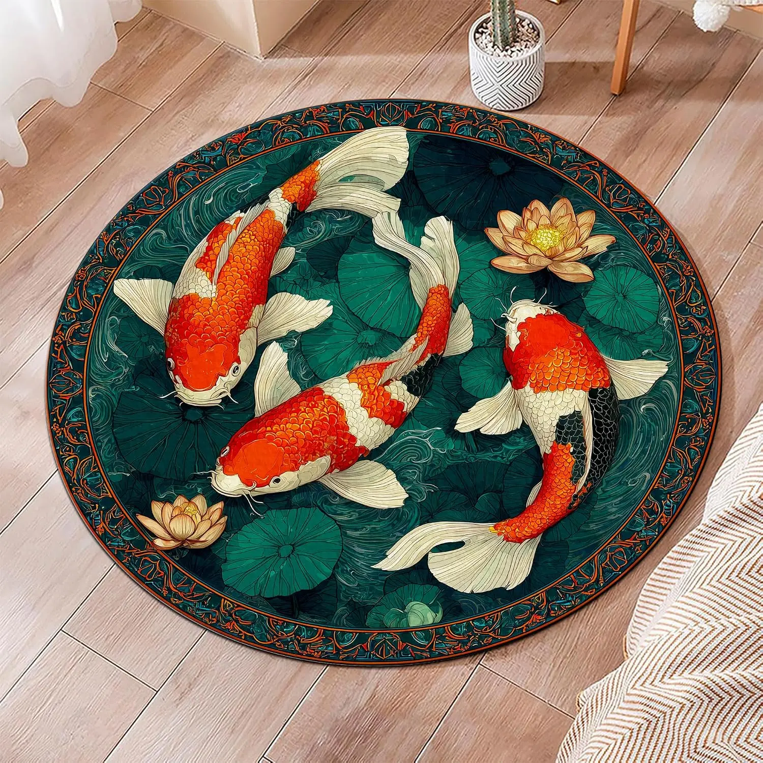 Nature Style Round Area Rug Koi Fish Lotus Pond Circular Carpet Zen Garden Decor Mat for Living Room Bedroom Washable Area Rug