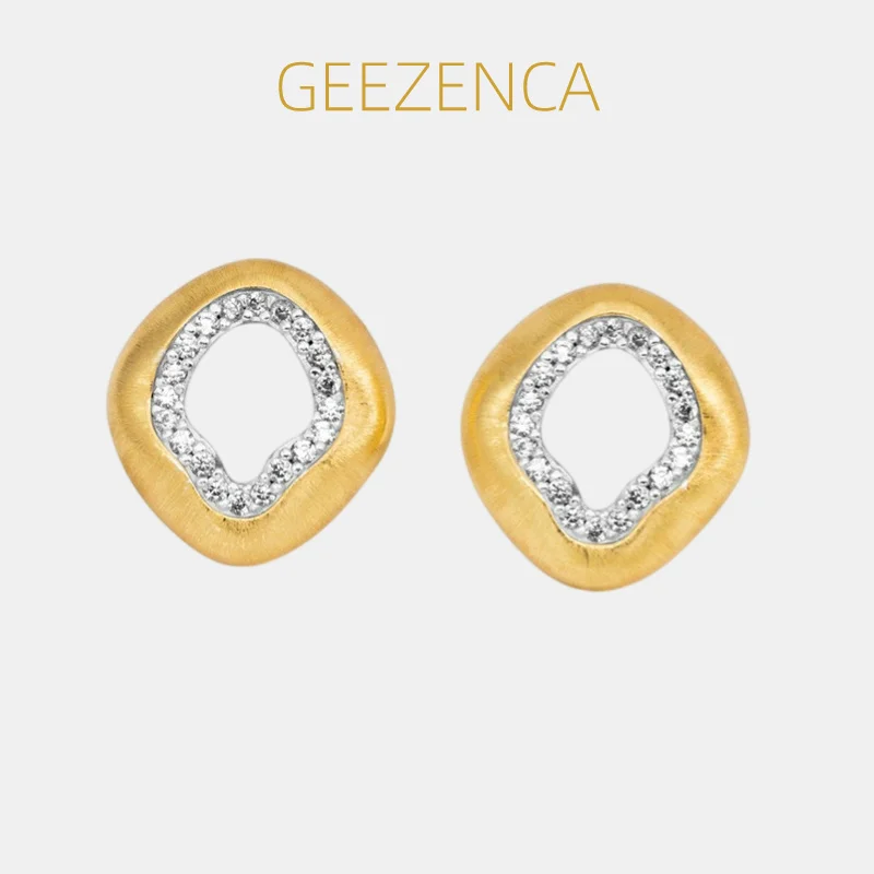 

GEEZENCA S925 Silver 5A Zircon Sparkling Small Earrings For Women 18K Gold Brushed Hollow Geometric Chic Earring 2024 New Gift