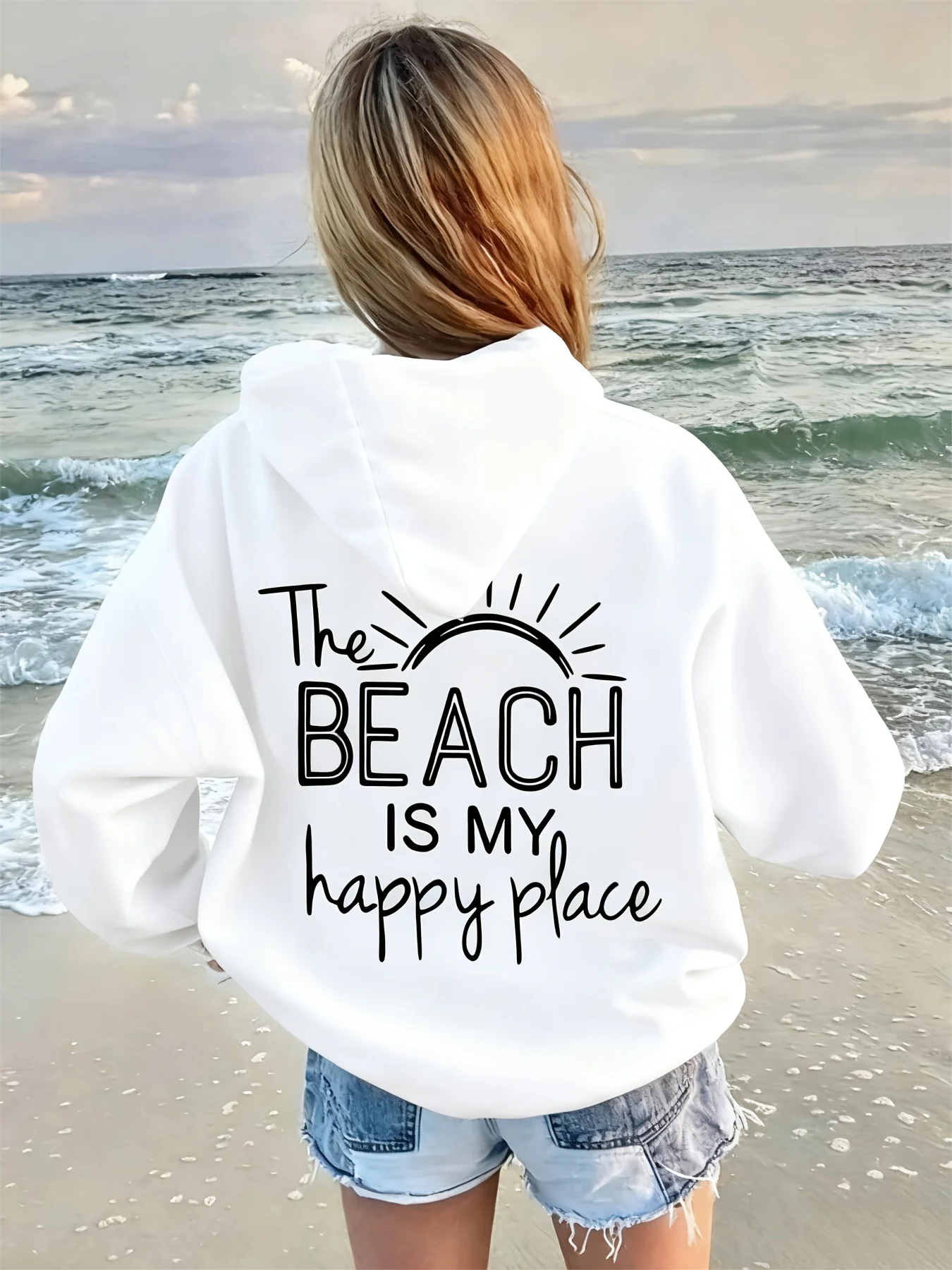 The Beach Is My Happy Place Pattern Women'S Hoodies Korean Fleece Hoody Y2K Loose Sportswear Autumn Comfortable Pullovers