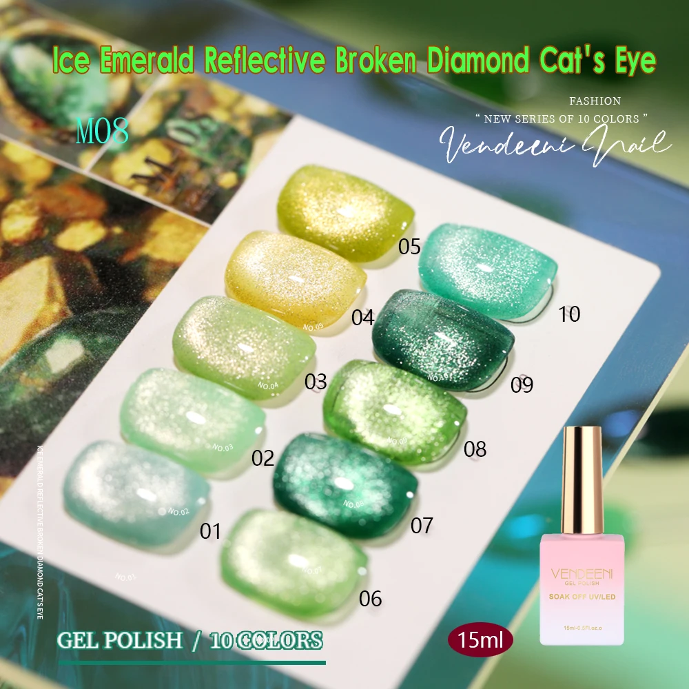 Vendeeni 10 Colors Green Ice Emerald  Broken Diamond Cat Eye Gel Nail Polish UV LED Reflective Magnet Manicure Nail Varnish 15ml