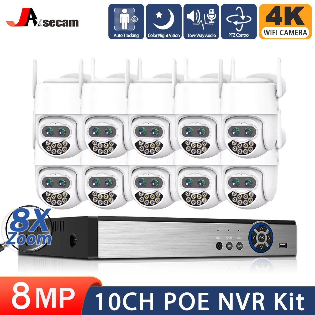 10CH 4K Ultra HD CCTV Network Video Security System 8MP POE NVR With 4K Auto Tracking Two-Way Audio Wifi PTZ IP Camera Set Kits