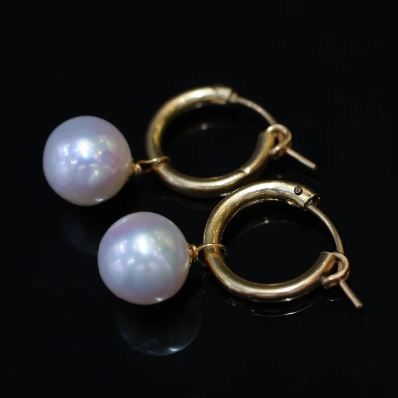 

SGARIT Trending Pearl Jewelry 9-10mm 14k Filled Gold Natural Freshwater Aurora Edison Round Pearl Hoop Earrings Jewellery