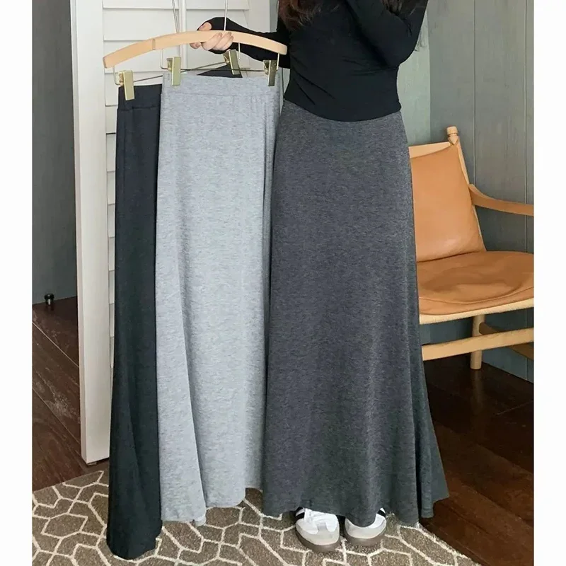 春の新作女性固体 A ラインフィッシュテールスカート女性の古典的な韓国ハイウエストドレス女性怠惰なスタイル簡潔なグレー薄いスカート