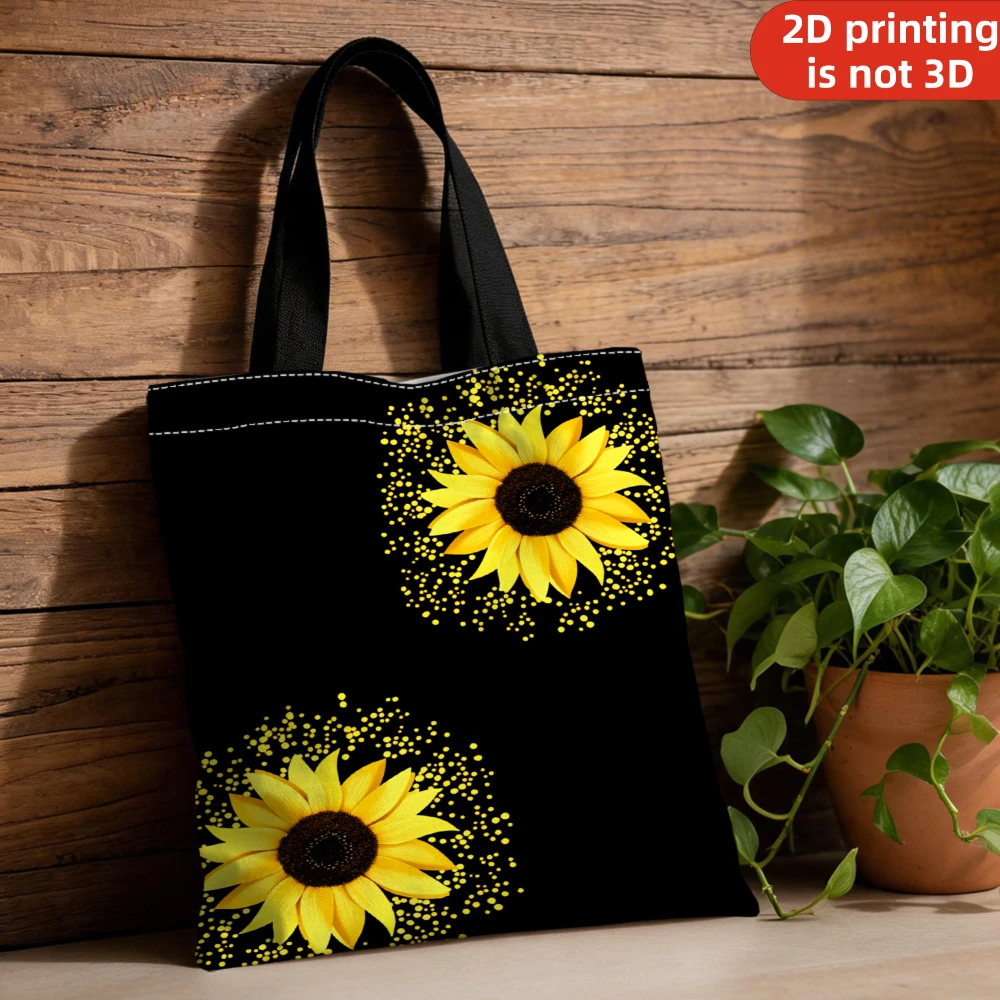 Handbag Black Background Yellow Sunflower Floral Print Tote Bag For Daily Commute Shopping Travel Beach Outing Casual Use