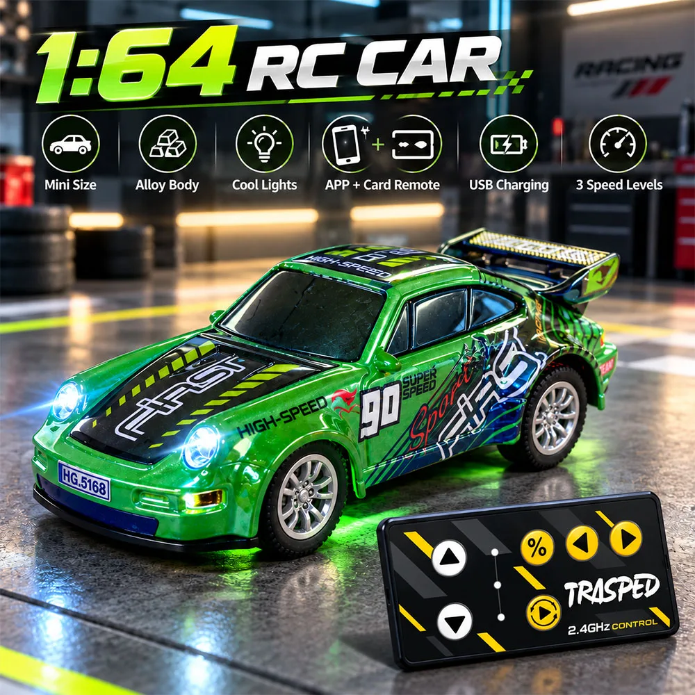 1:64 RC Racing Car 2.4GHz, Alloy Body Cool Lights, APP and Card Remote, USB Charging, 3 Speed Levels, Gift for Kids