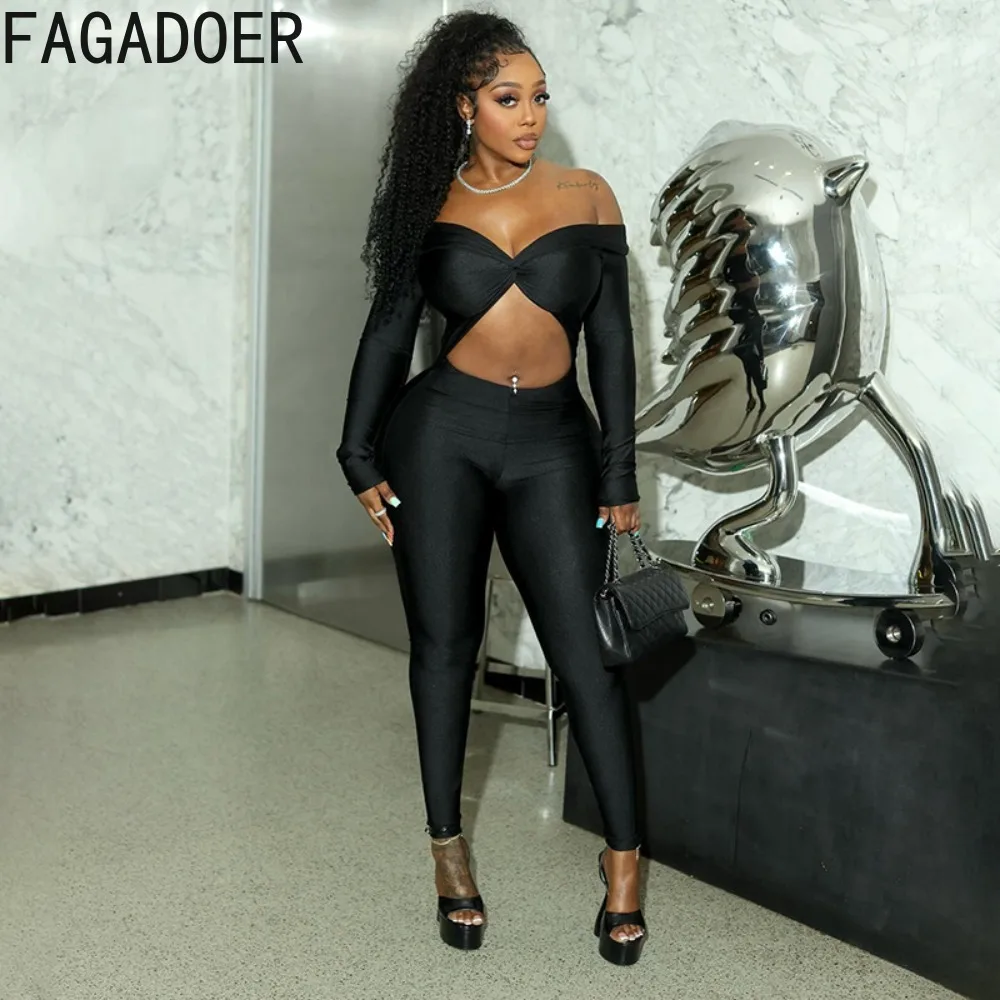 FAGADOER Y2k Sexy Hollow Out Bodycon Jumpsuits Women Off Showlder Long Sleeve One Piece Rompers Female Club Party Overalls New