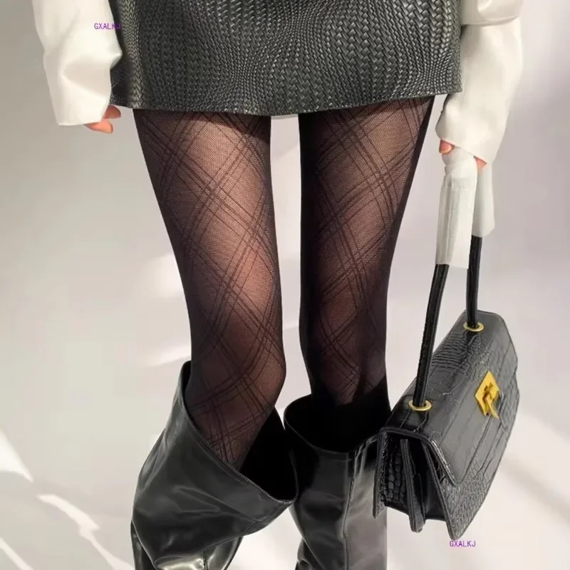 Black Argyle Checkered Silky Pantyhose Tights Sexy Women Vintage Patterned Leggings Y2k Ladies Harajuku Tights Fishnet Stockings