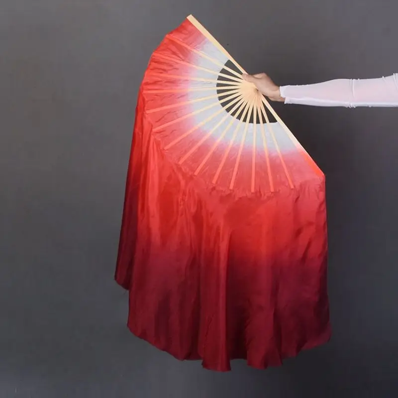 Simulation Silk Gradient Wine Red Dance Fan Stage Performance Classical Dance Lengthened Yangko Big Folding Fan Photography Prop