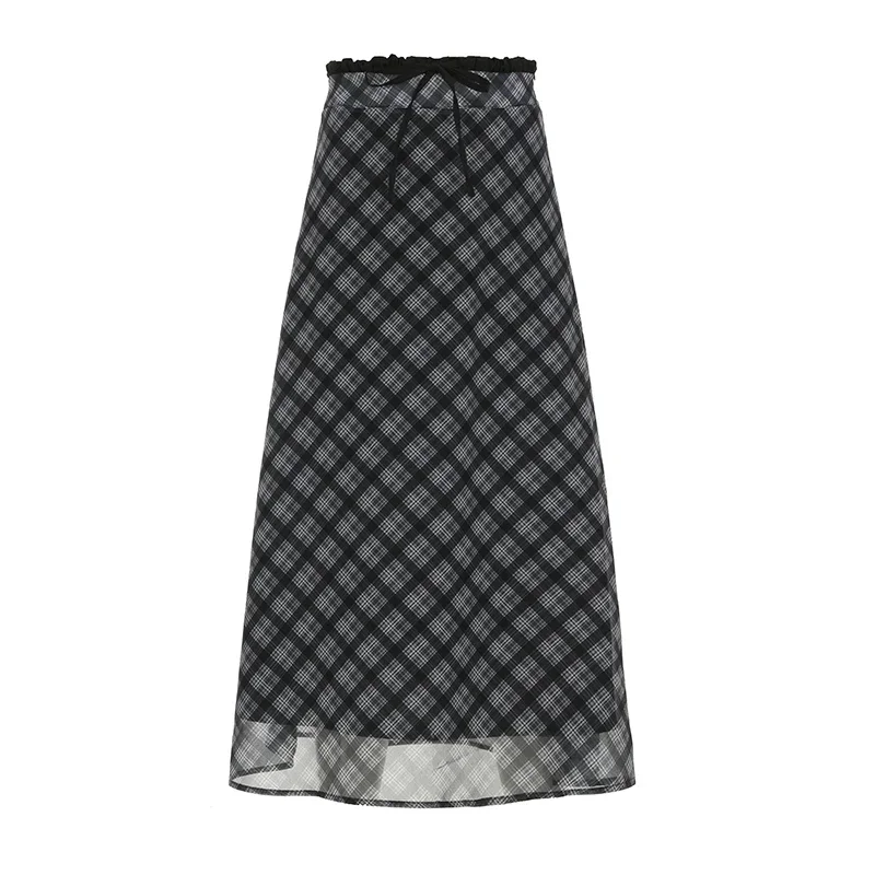 Falda larga fruncida de Color contrastante de rejilla Harajuku para mujer, moda coreana, trajes acampanados de gasa de doble capa, Vintage Chic