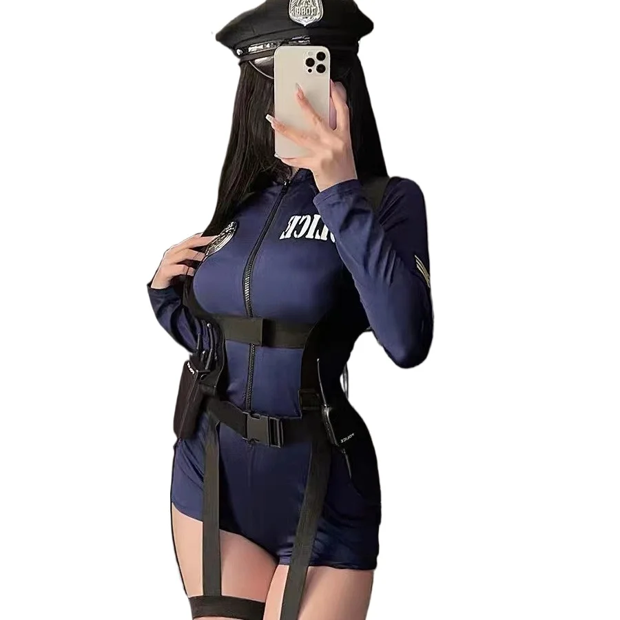 

Halloween Sexy Blue Balck Policewoman Uniform With Walkie Talkie Role Play Costume Lingerie Pajamas Swimsuit Cosplay Clothing
