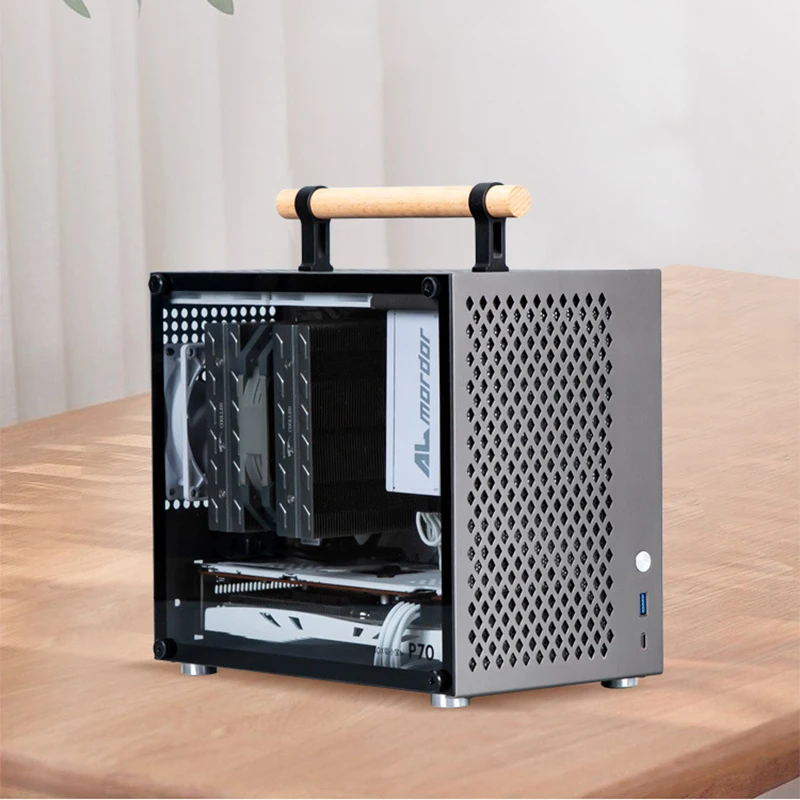 P70 حافظة كمبيوتر صغيرة من الألومنيوم بالكامل مدمجة محمولة A4 لسطح المكتب SFX ITX حافظة كمبيوتر صغيرة التوصيل المباشر ITX حافظة صغيرة لوحة جانبية زجاجية