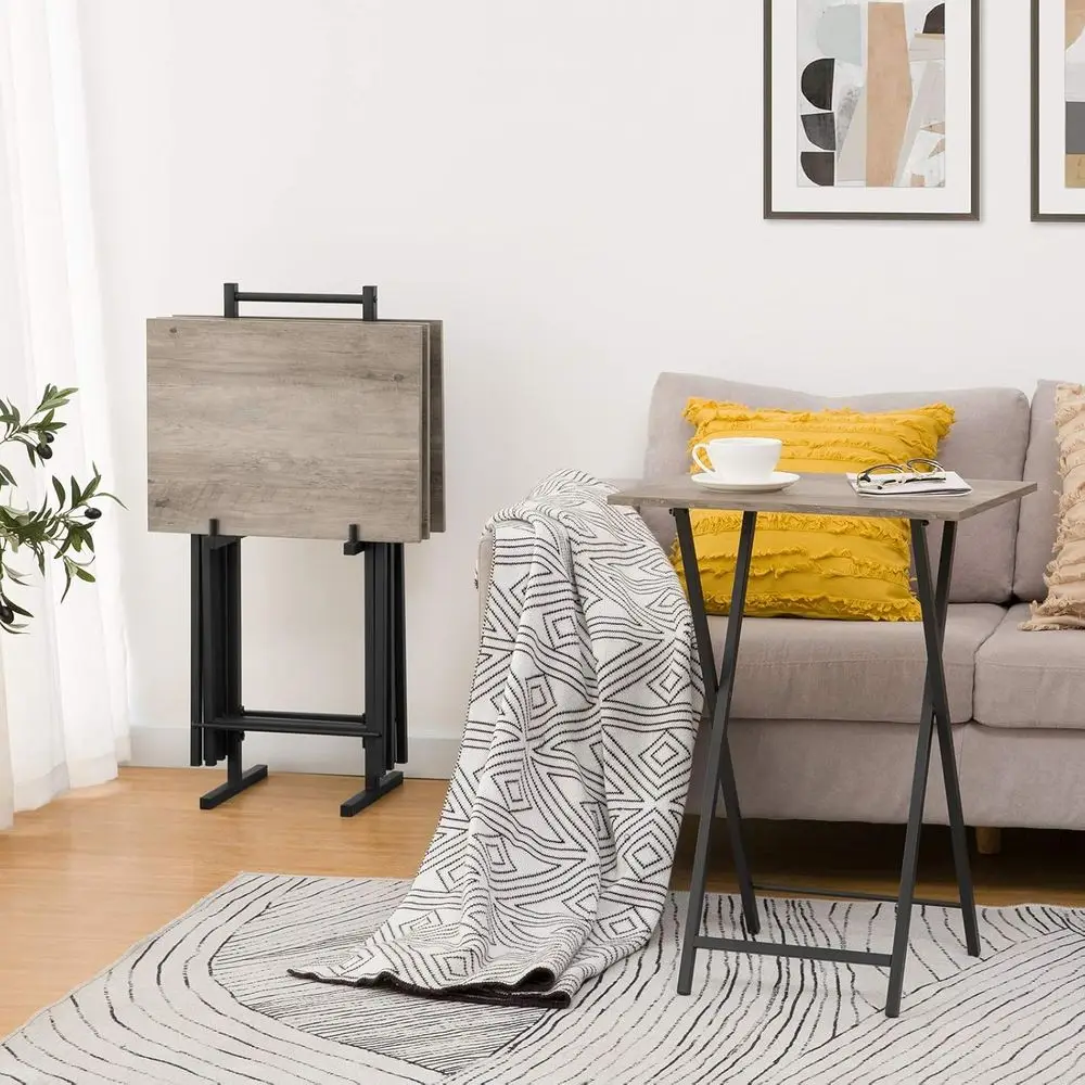 Набор из 4 складных подносов для телевизора с местом для хранения вещей, приставные столики в индустриальном стиле для еды на диване, компактные столы для закусок для небольших помещений, E