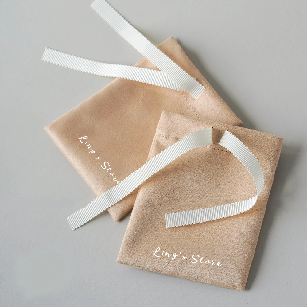 100Pcs Personalized Logo Flannel Jewelry Drawstring Velvet Bag Suede Ribbon Pouch For Earrings Cosmetic Bracelet Rings Packaging