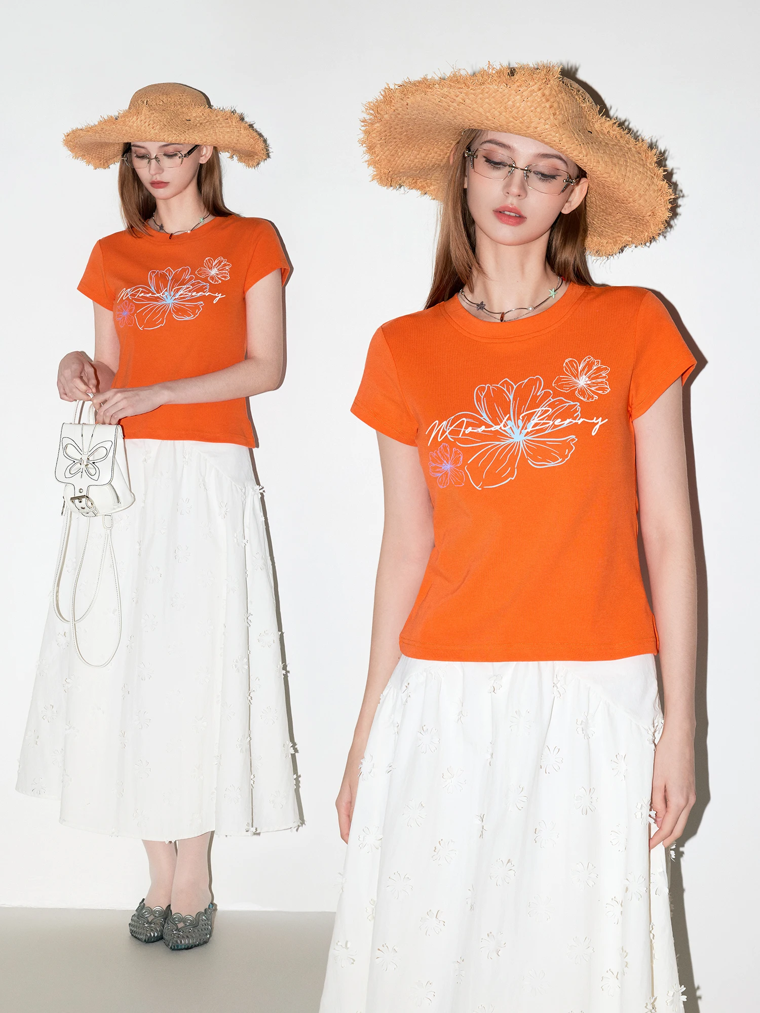 

Женская летняя футболка MoodBerry в американском ретро-стиле с оранжевым цветочным принтом, облегающая, из смесового хлопка, эластичная