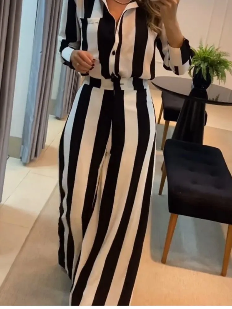 2024 Autumn Wide Leg Long Pant Sets Two Piece Set Women Casual Fashion Striped Pocket Design Shirt Trousers Streetwear Suit