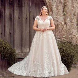 Pastoral Wedding Dresses For Women Plus Size V-Neck Cap Sleeves A-Line Bride Gown Applique Sweep Train Tulle Vestidos De Novia