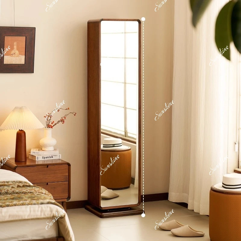 Household solid wood rotating mirror bookcase integrated bedroom floor-to-ceiling full-length mirror attached to the wall