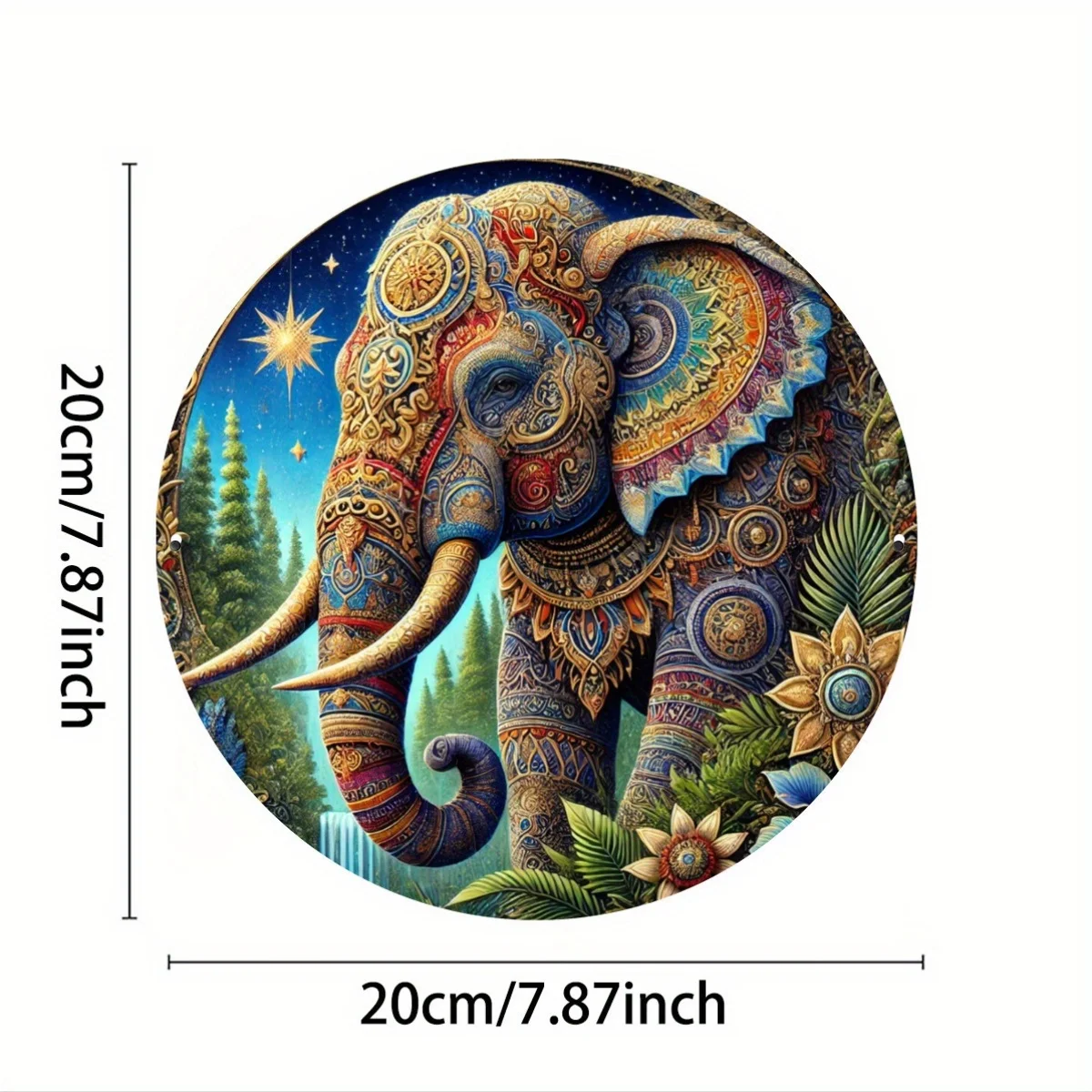 2D 1pc, Vintage Indian Elephant Design, Flat Printed Metal Sign, Circular Iron Hanging Picture, 8X8 Inch Wall Decoration, Bar, C