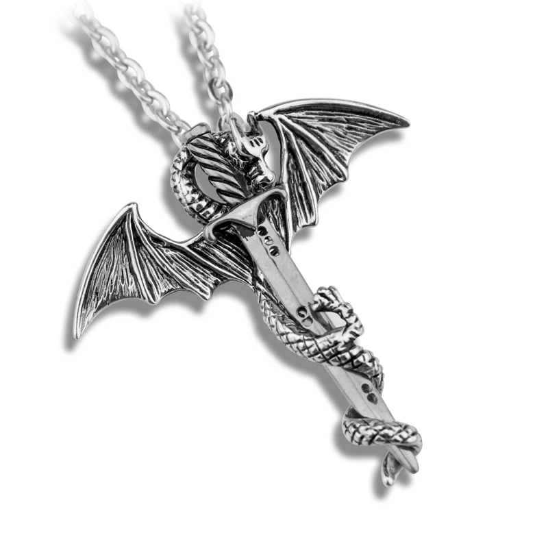 Fashion Vintage Charm Pterosaurs Sword Necklace Flying Dragon With Wings Rolled Pendant Cross Punk Party Jewelry Gifts