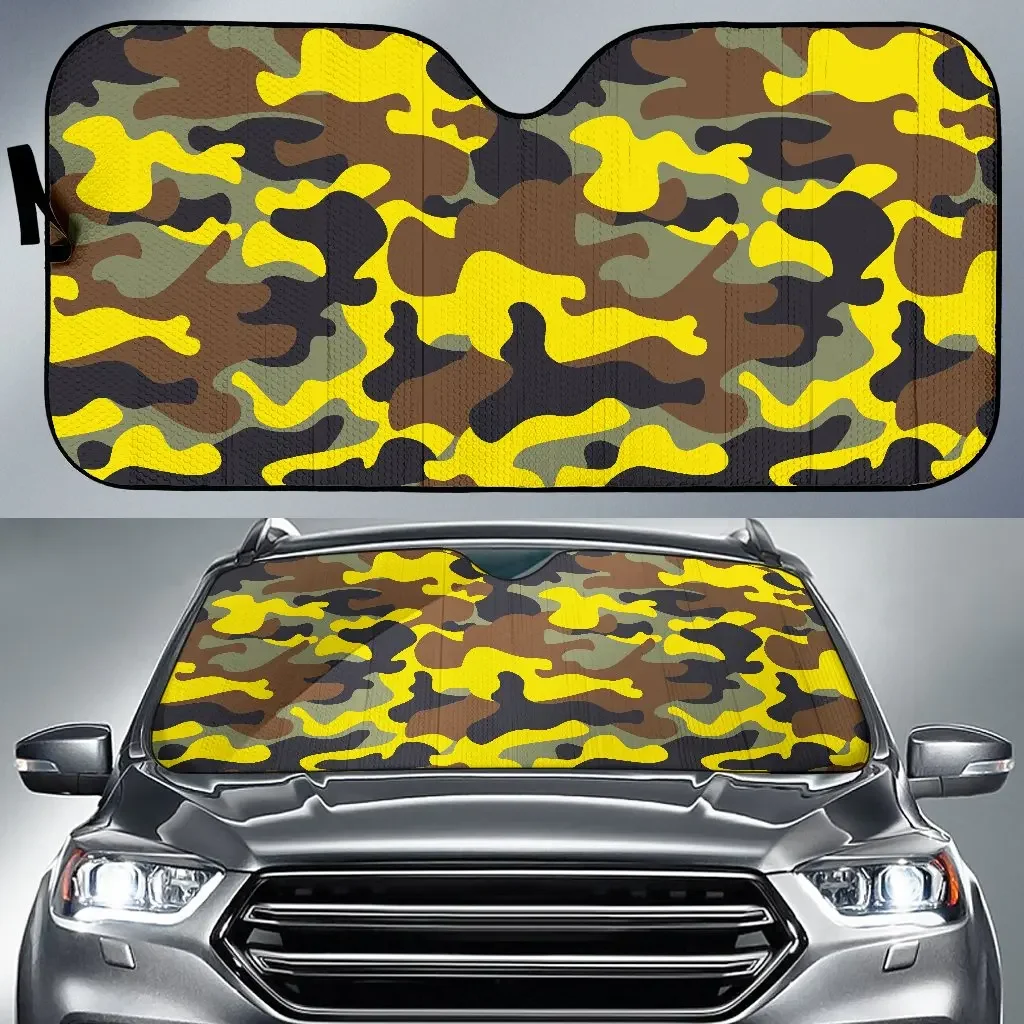 Yellow Brown And Black Camouflage Print Car Sun Shade