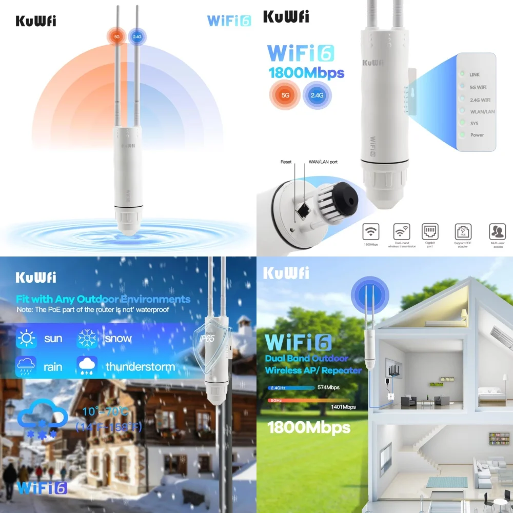 

Уличная точка доступа WiFi 6 для PA LAN KuWFi 2.4G 5.8ГГц 1800Мбит/с, Mesh-расширитель, ретранслятор, гигабитный POE 48В, солнечный, IP65, дальнего действия