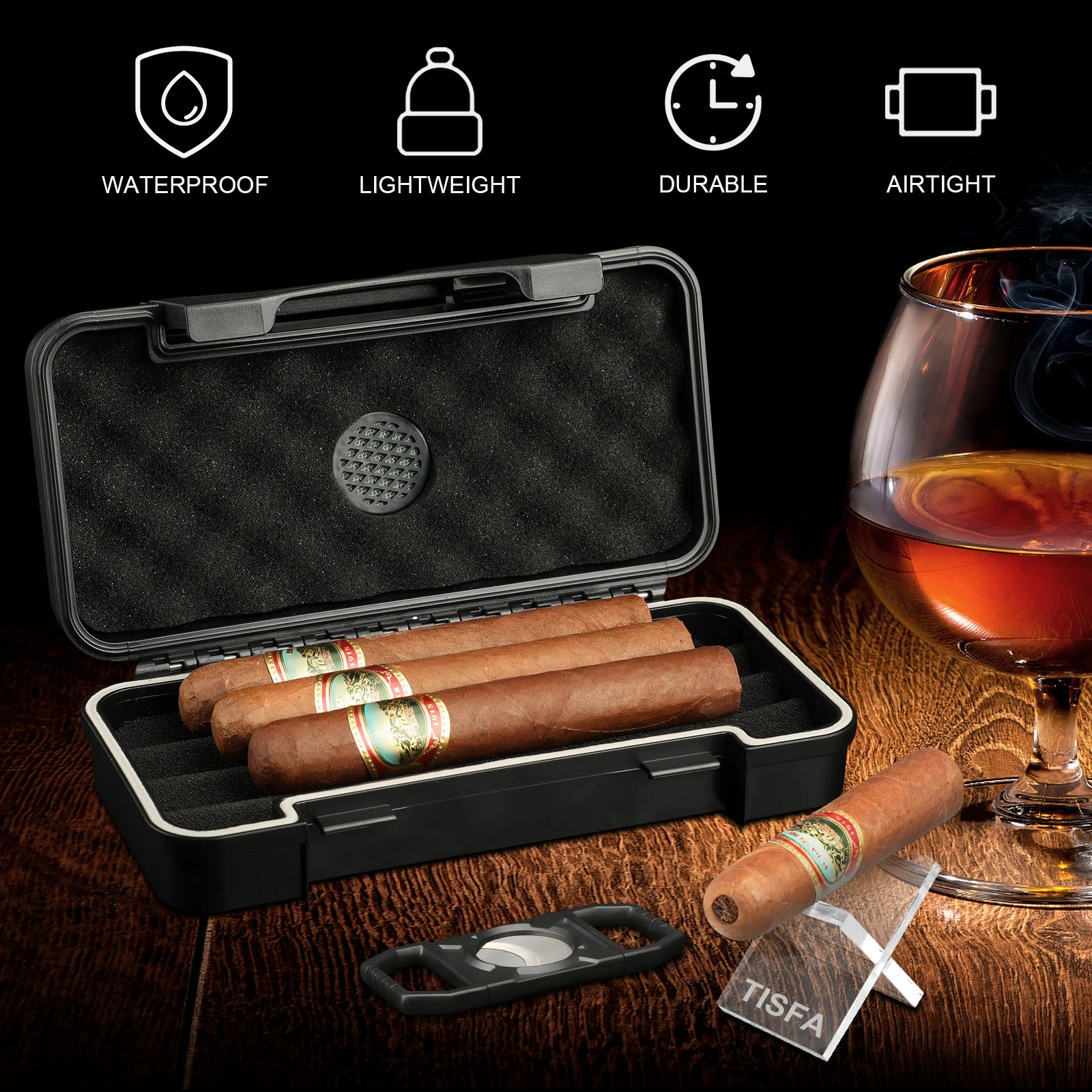 Cigar Travel Humidor Case with Cigar Cutter and Cigar Stand, Portable Cigar Humidor,Waterproof Box, Gift Set for Men