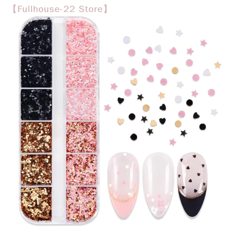 【MAX-22】12 Gitter mit Stern-, Herz- und runder Form, Nagelkunst-Glitzer-Pailletten, holografische Nagelflocken, Pailletten, gemischtes schillerndes Pulver für die Nägel