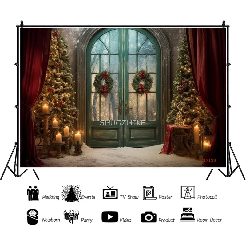 SHUOZHIKE Christmas Day Fireplace Photography Backdrops Gift Box Chimneys Snowflake Window Indoor Studio Background WW-33