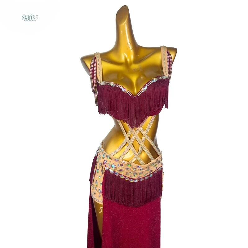 Vestido feminino luxuoso com franjas de strass, vestido adulto para competição de dança do ventre, elegante, traje de performance de dançarina do ventre