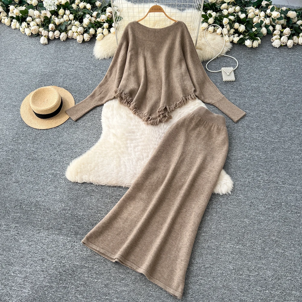 

Vintage Elegant asymmetrical long sleeve tassel korean Fashion women clothing ceremony dresses Two Piece Set