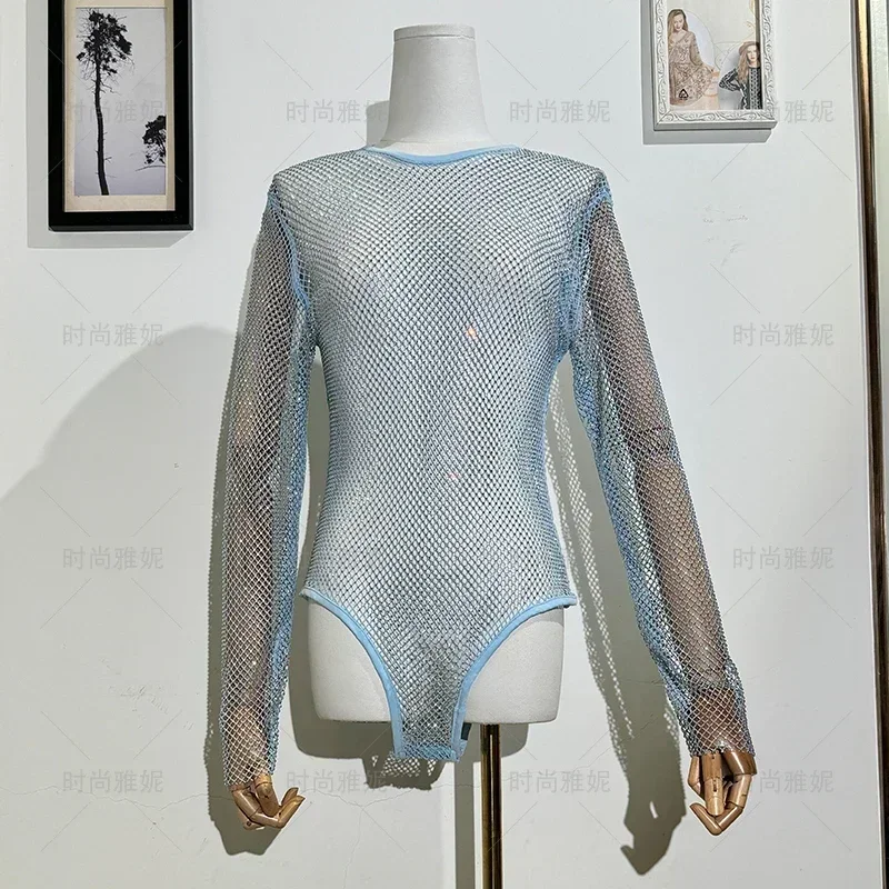 Ropa de actuación Sexy a la moda, mono calado de malla, perspectiva de cuello redondo, camisa de manga larga con parte inferior brillante para mujer
